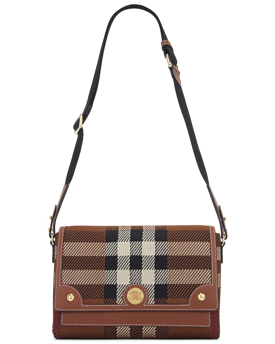 Image 1 of Burberry Medium Note Knit Check Bag in Dark Birch Brown Check