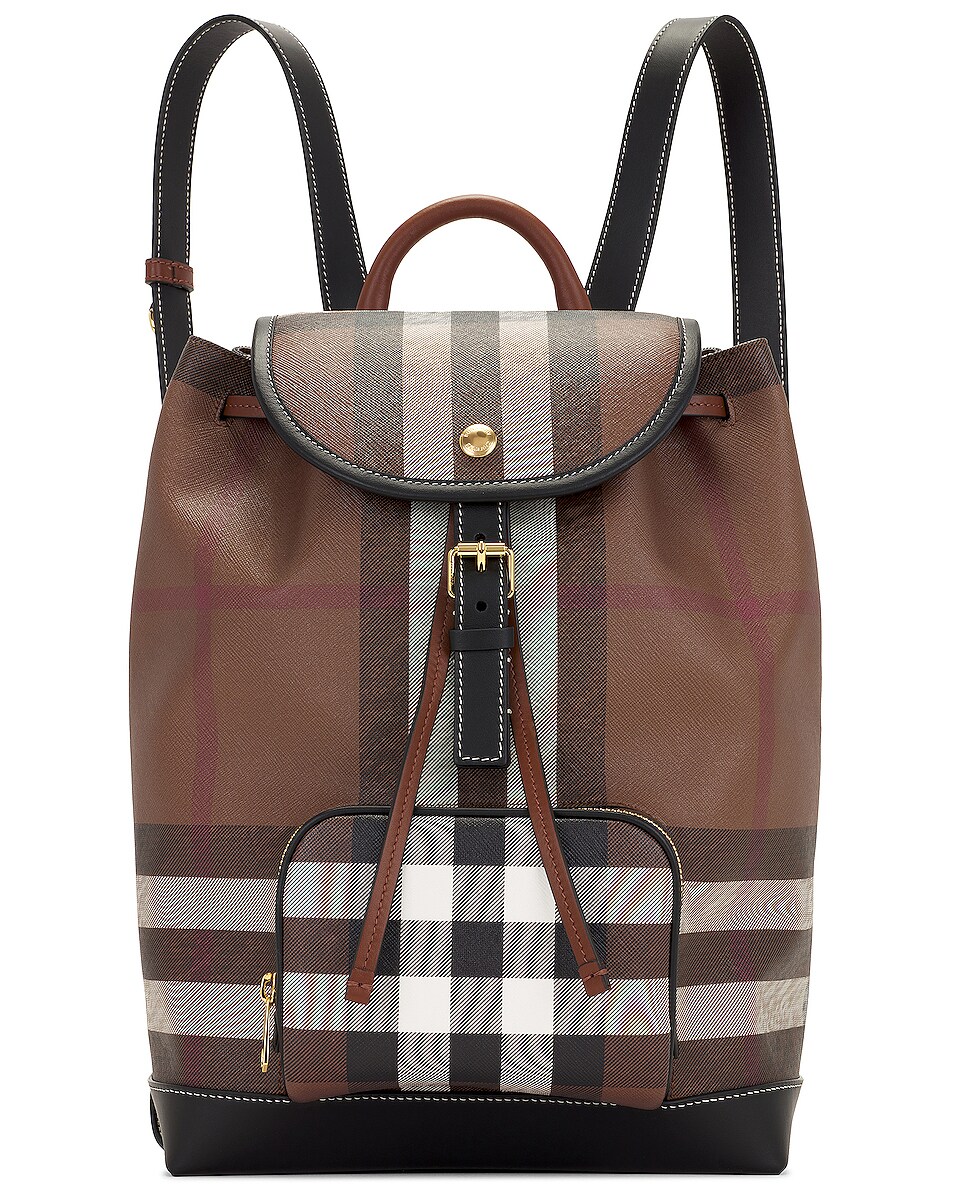 Image 1 of Burberry MD Giant Check E-Canvas Backpack in Dark Birch Brown IP