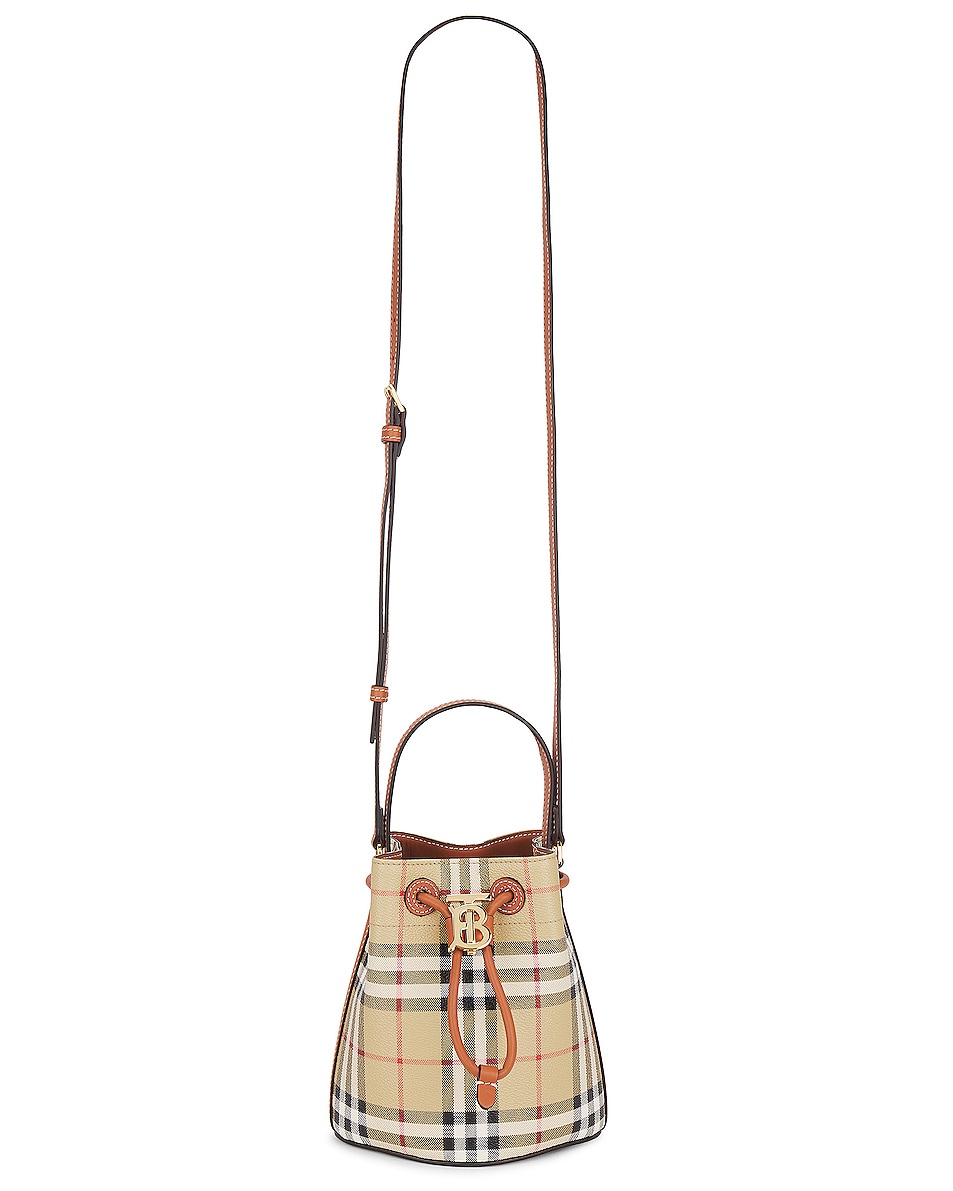 Image 1 of Burberry Mini Bucket Bag in Vintage Check & Briar Brown