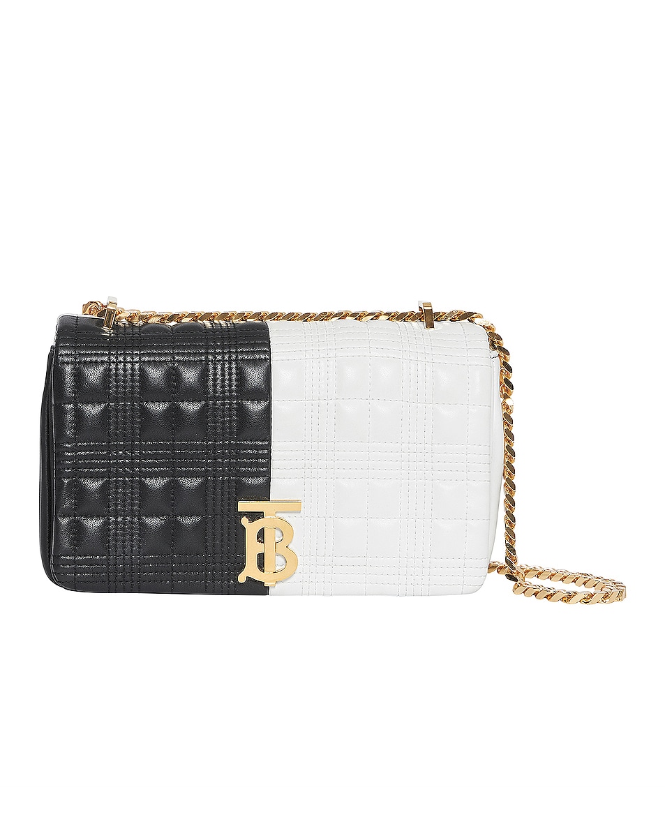 Image 1 of Burberry Small Soft Leather Split Crossbody Bag in White & Black