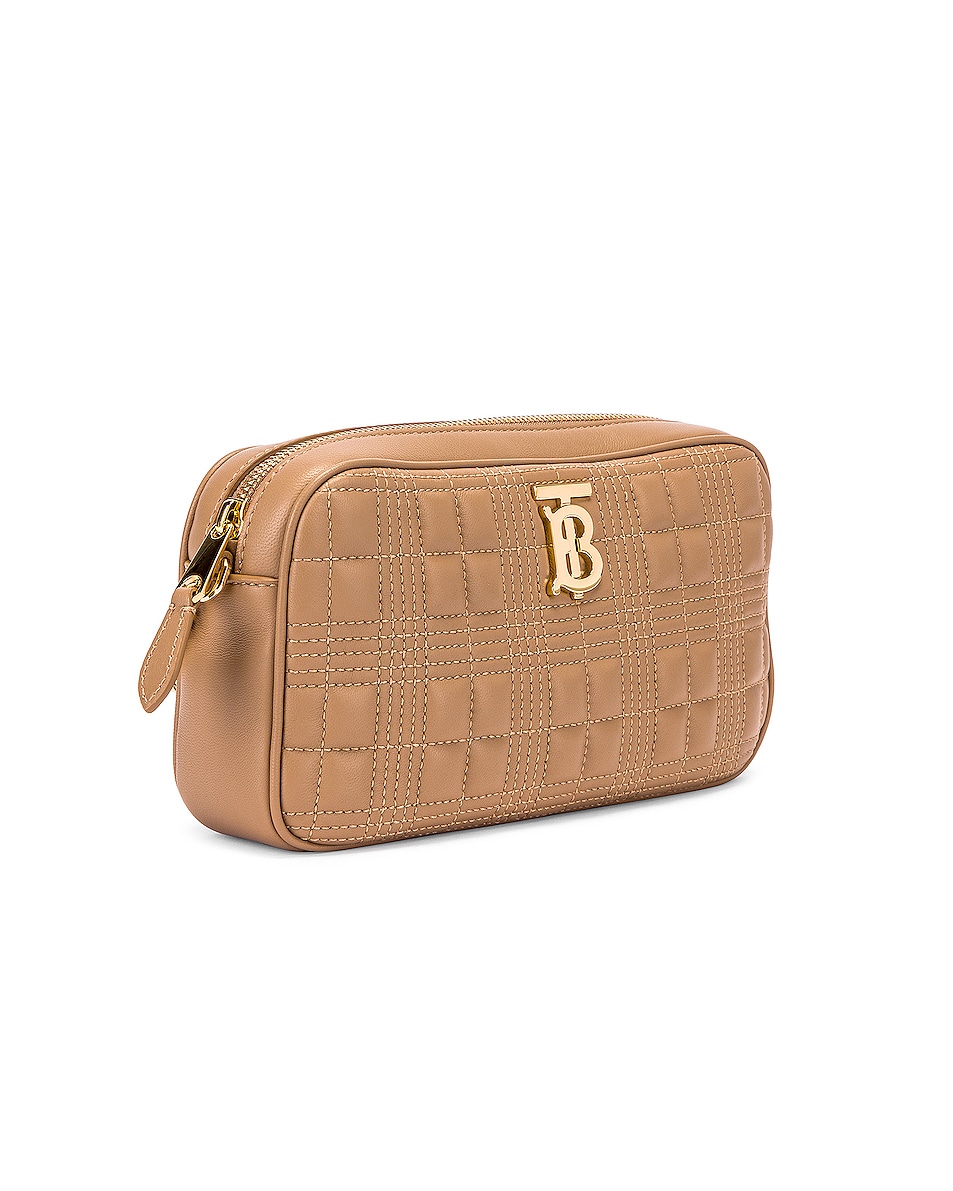 Burberry Small Leather Quilted Check Elongated Camera Bag in Soft Camel