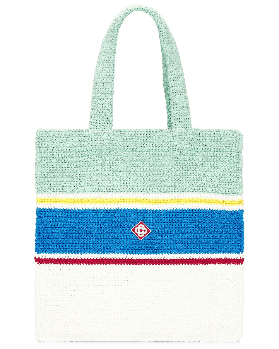 Image 1 of Casablanca Crochet Tote Bag in White & Blue Multi