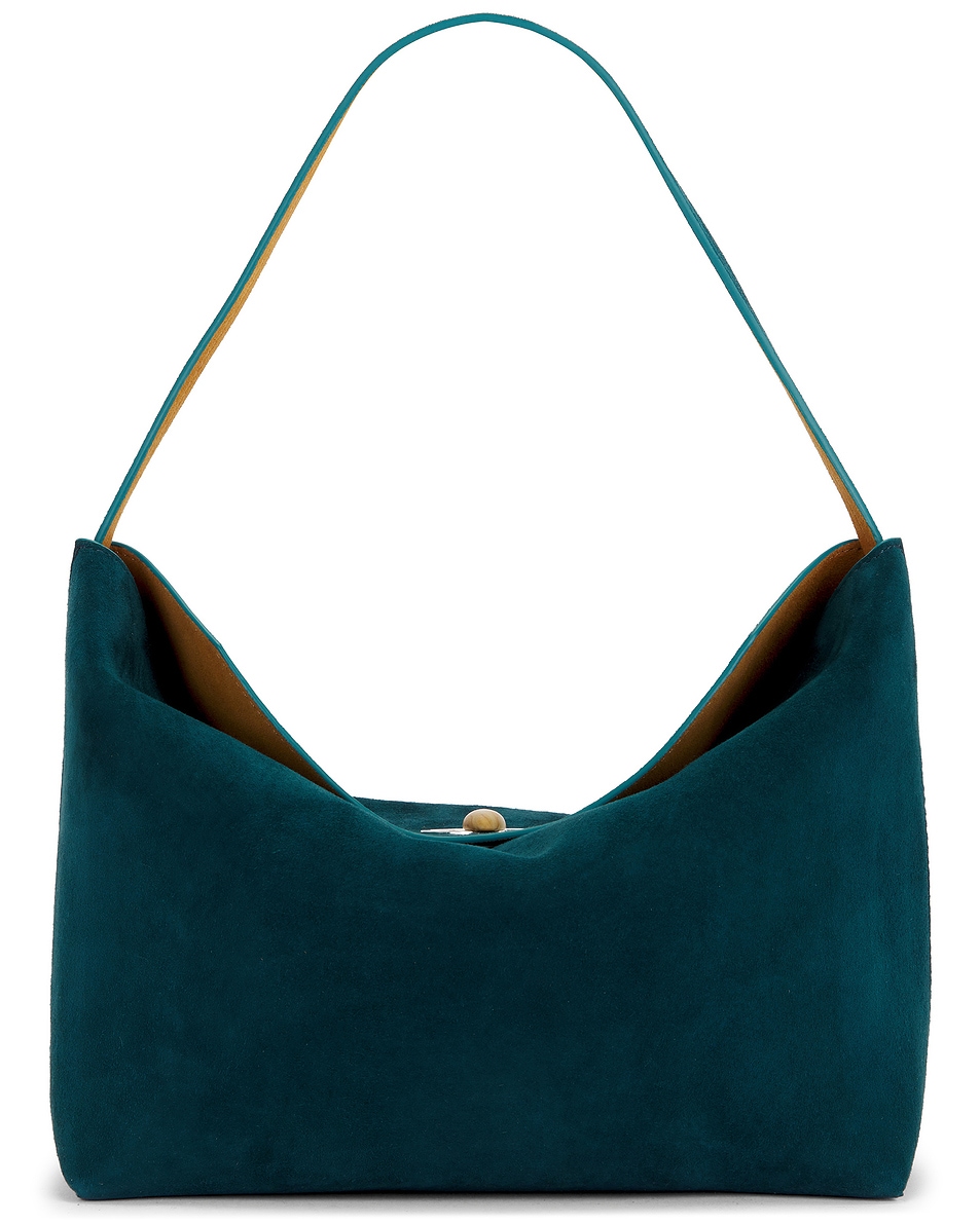 Image 1 of Christopher Esber Turnlock Suede Shoulder Bag in Caspian Green & Tan
