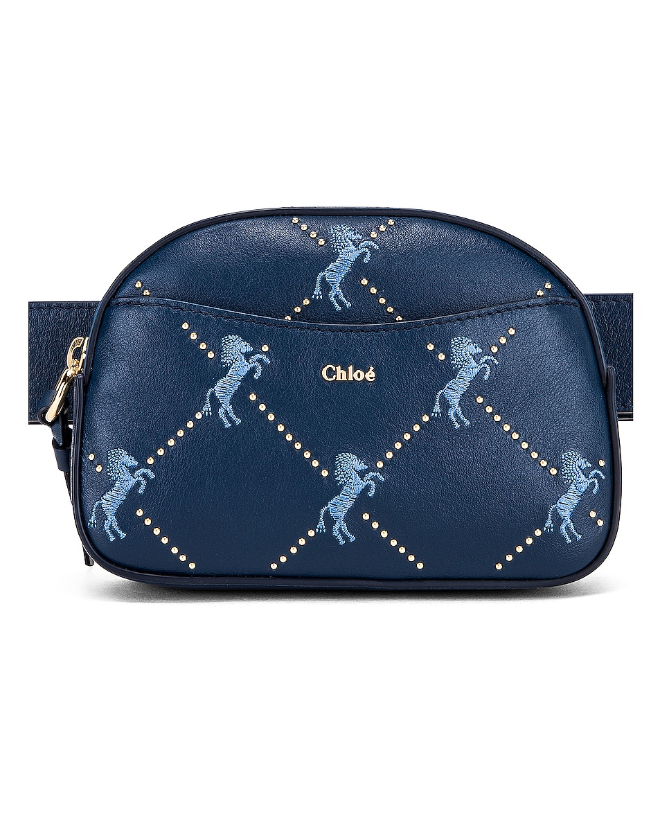 Image 1 of Chloe Signature Embroidered Leather Belt Bag in Eclipse Blue