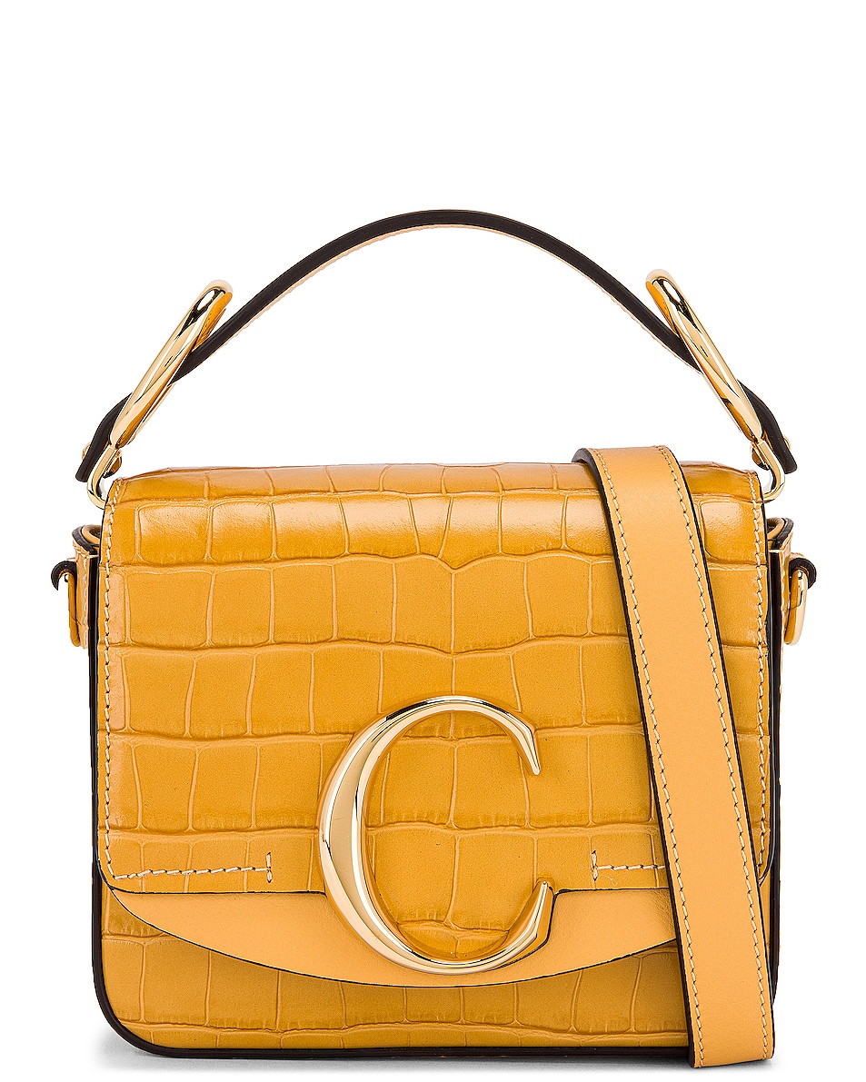 Image 1 of Chloe Mini C Embossed Croc Box Bag in Honey Gold