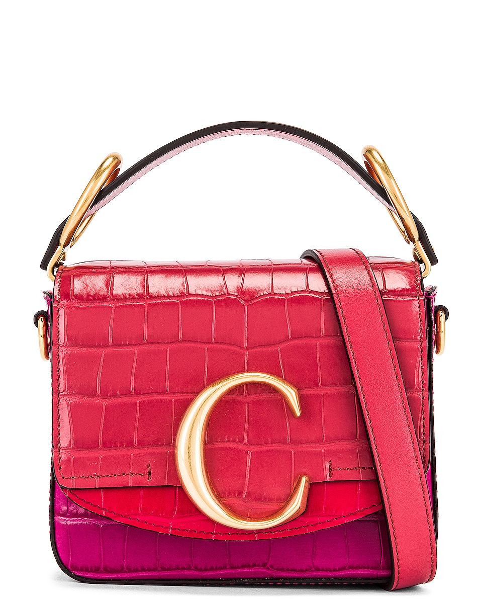 Image 1 of Chloe Mini C Tricolor Embossed Croc Box Bag in Graphic Pink