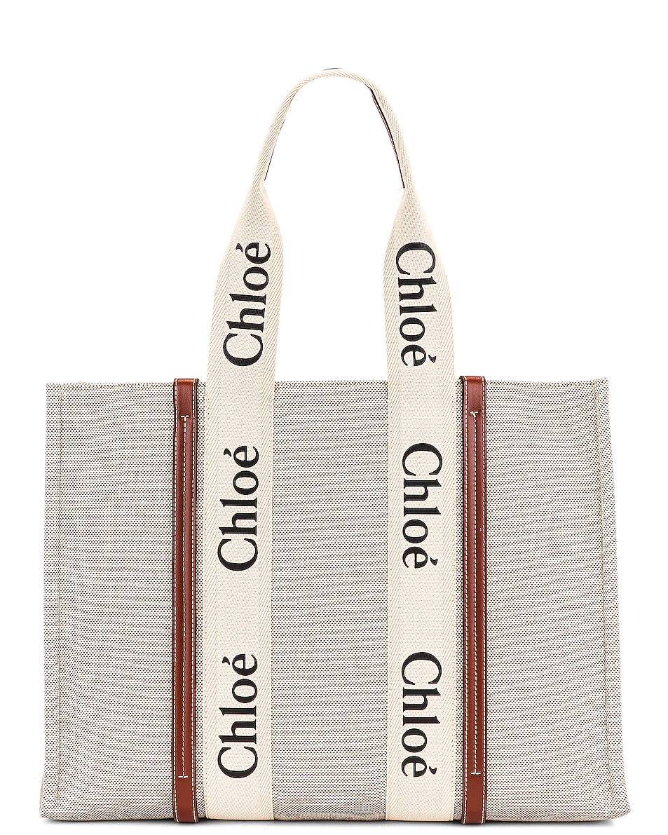 Image 1 of Chloe Large Woody Tote Bag in White & Brown