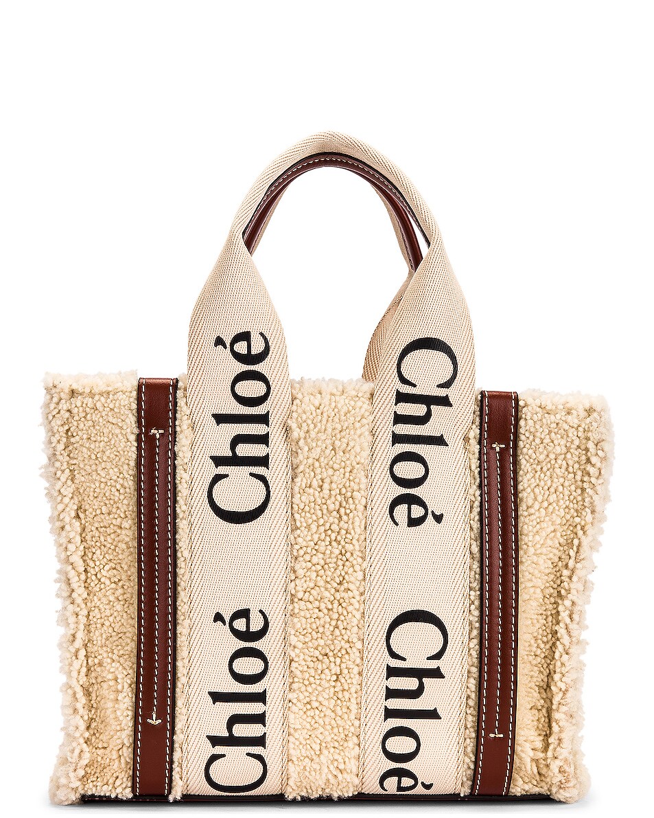 Image 1 of Chloe Small Woody Shearling Bag in Mild Beige