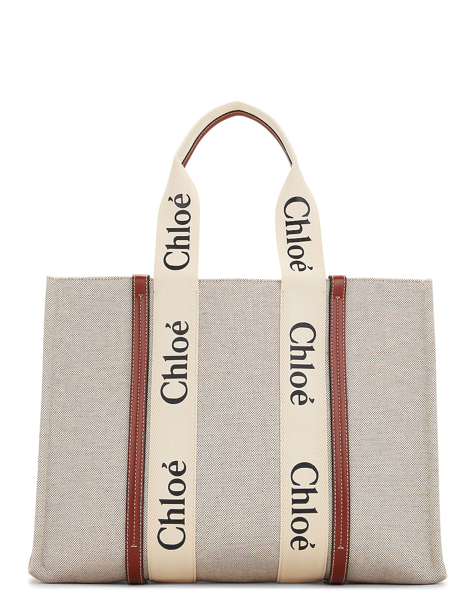 Image 1 of Chloe Large Woody Tote Bag in White & Brown