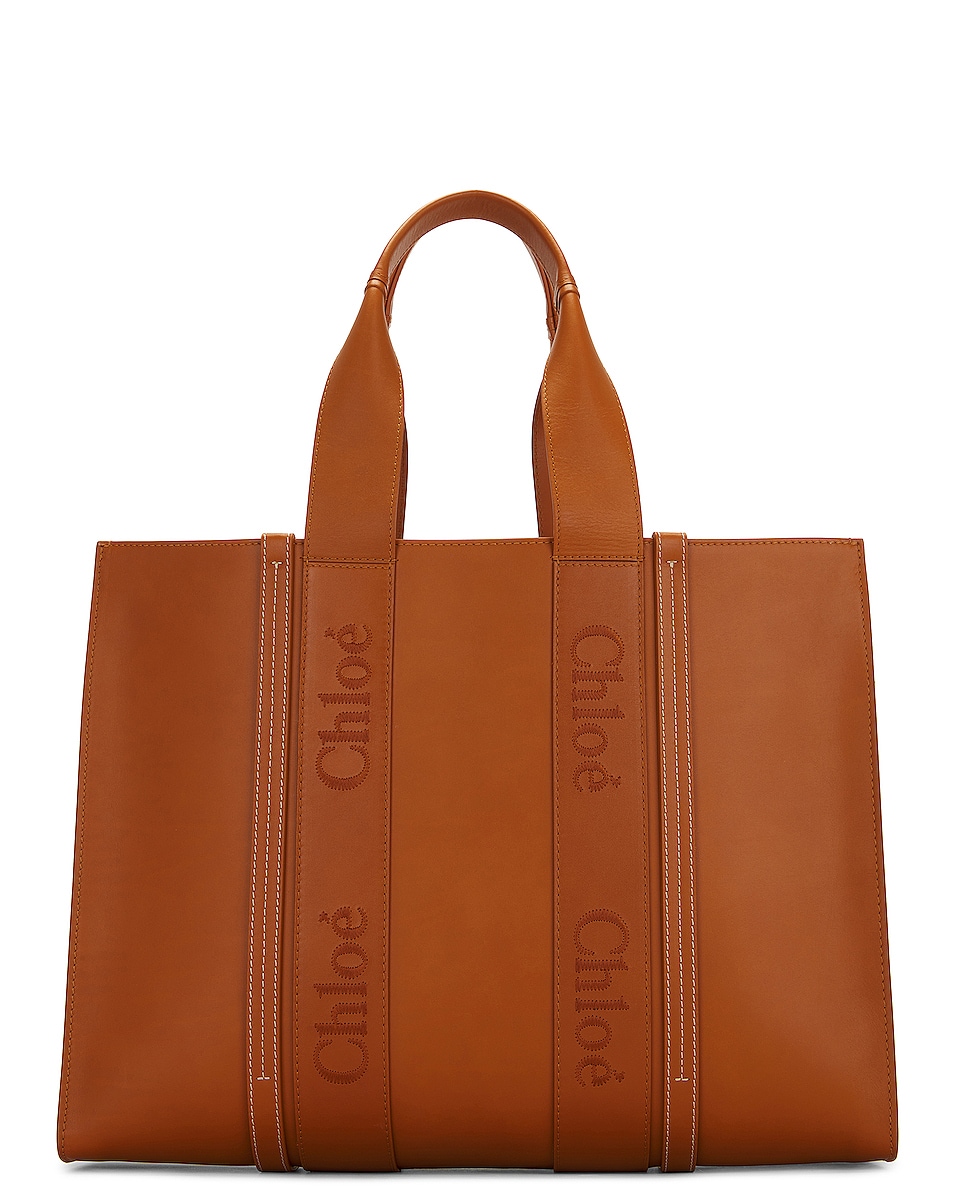 Image 1 of Chloe Large Woody Leather Tote in Caramel