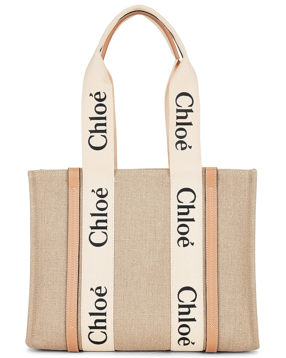 Image 1 of Chloe Medium Woody Tote Bag in White & Beige