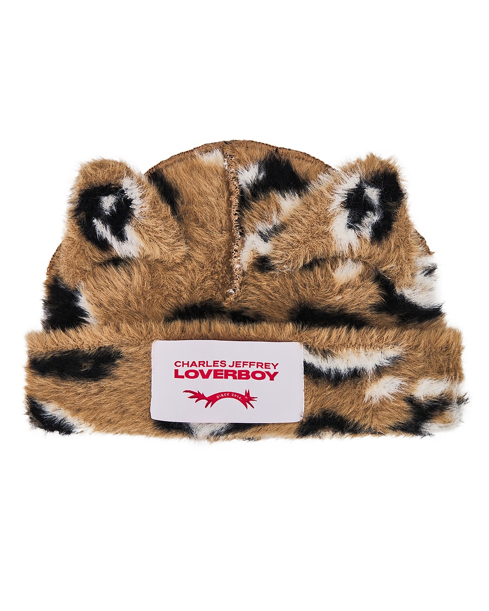 Image 1 of Charles Jeffrey LOVERBOY Fluffy Chunky Ears Beanie in Brown Leopard