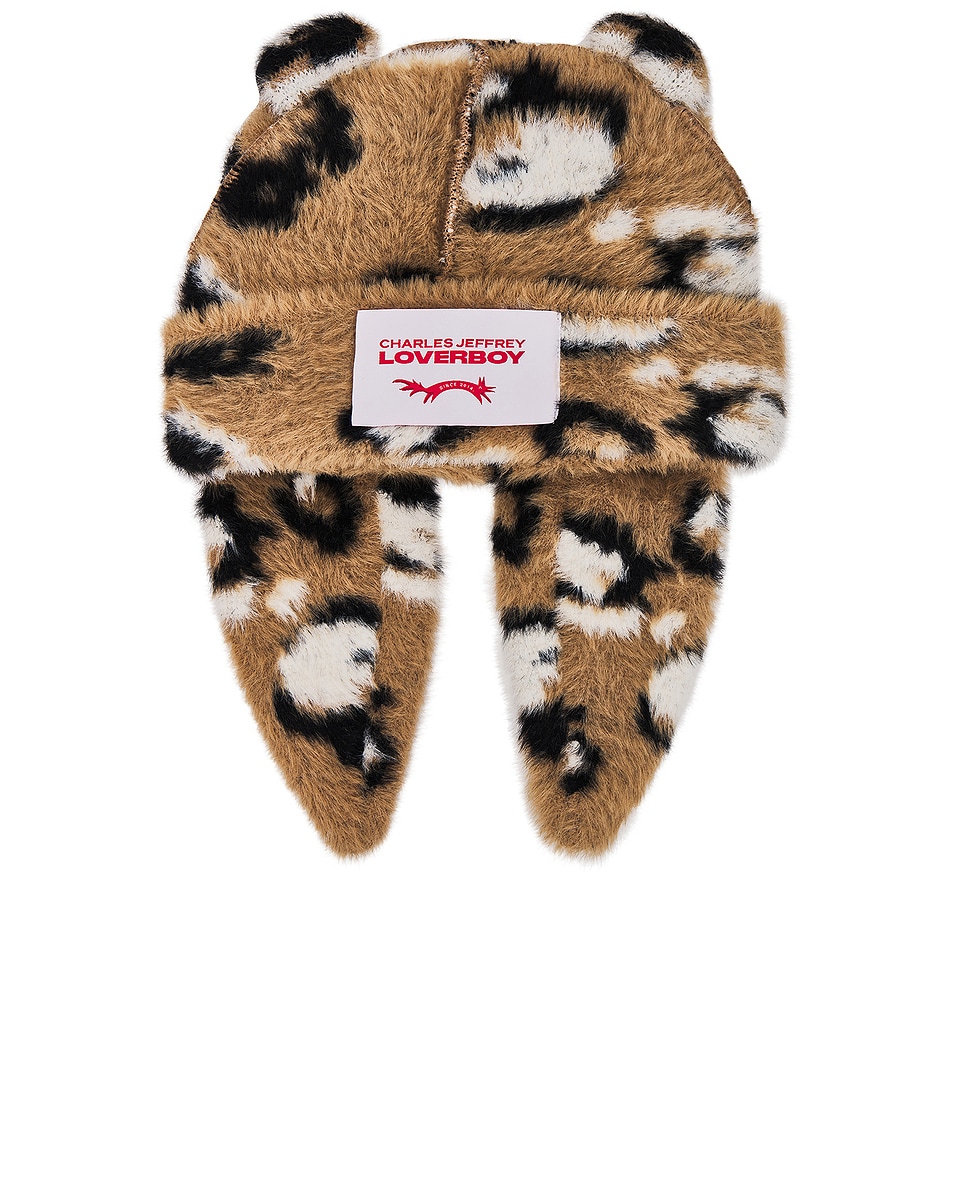 Image 1 of Charles Jeffrey LOVERBOY Fluffy Chunky Rabbit Beanie in Brown Leopard