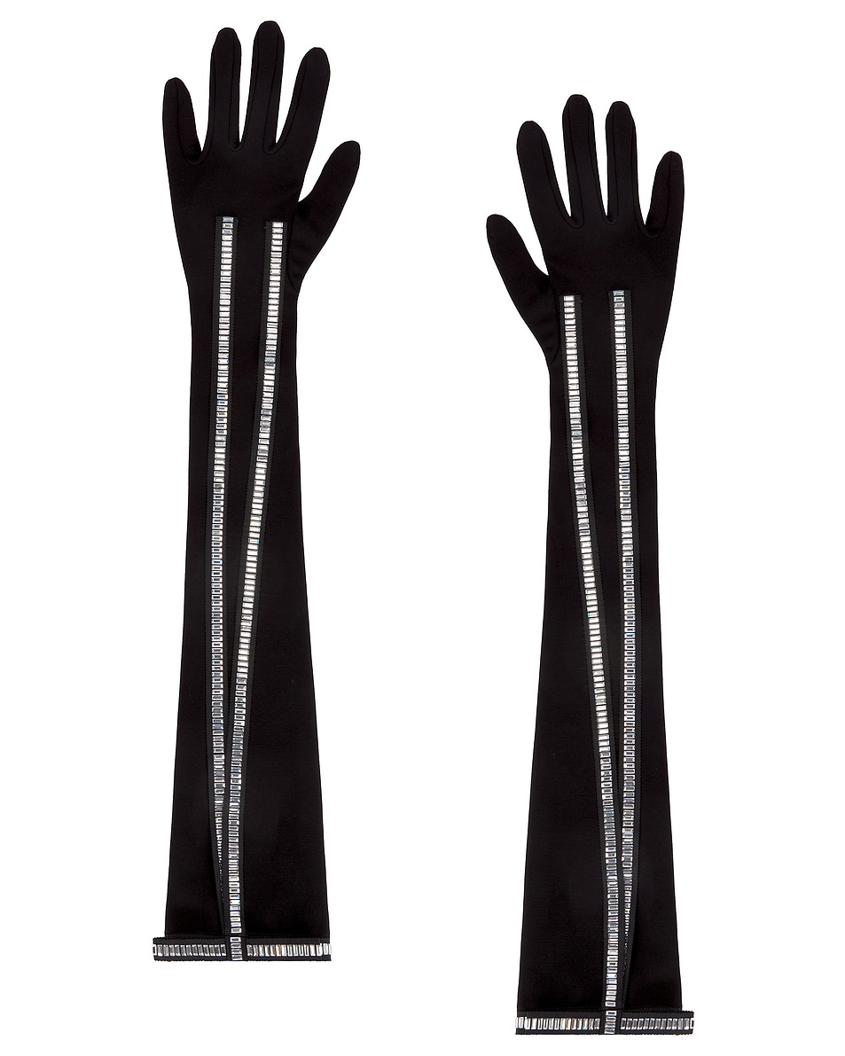 Image 1 of David Koma Crystal Bow Trim Long Gloves in Black & Silver