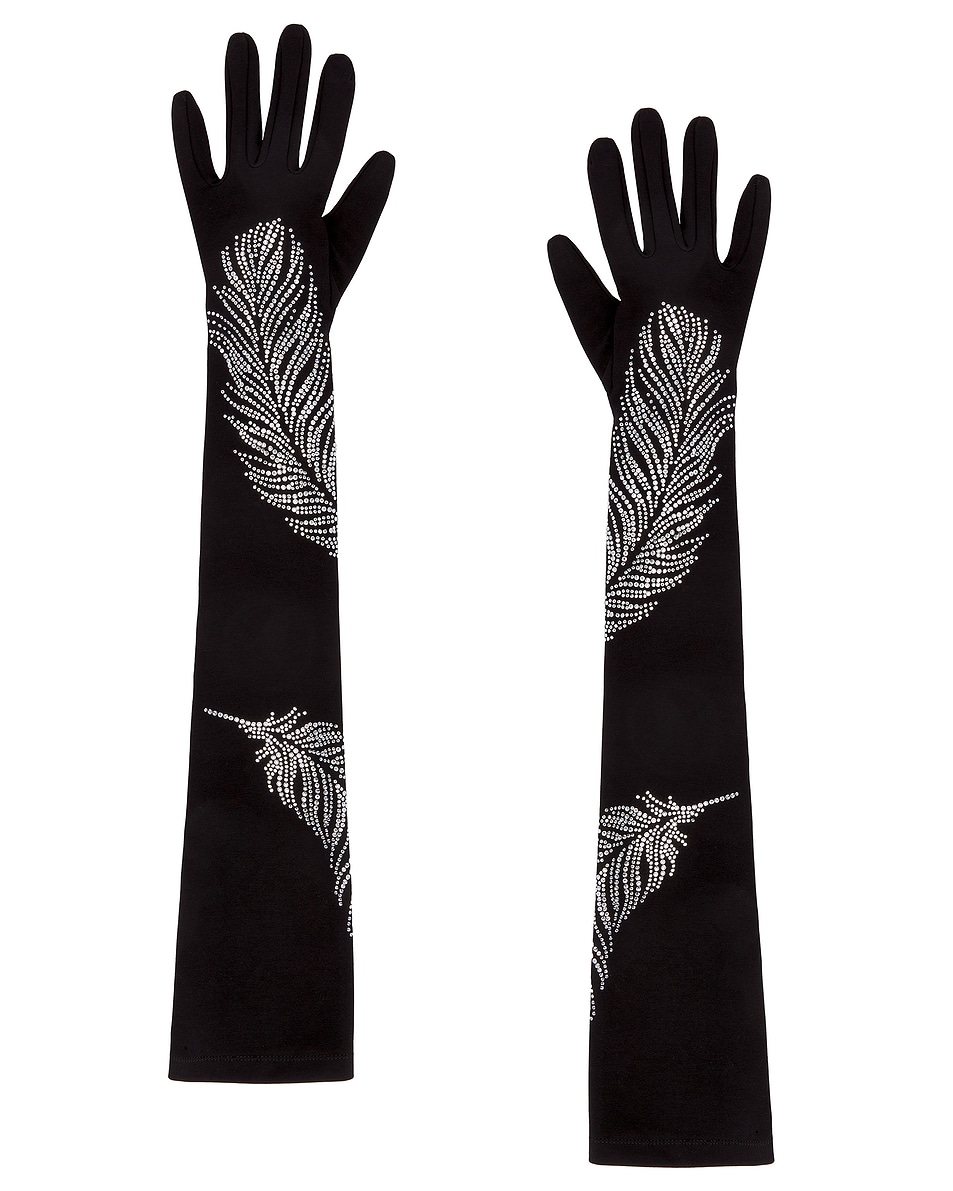 Image 1 of David Koma Rhinestone Feather Long Gloves in Black & Silver