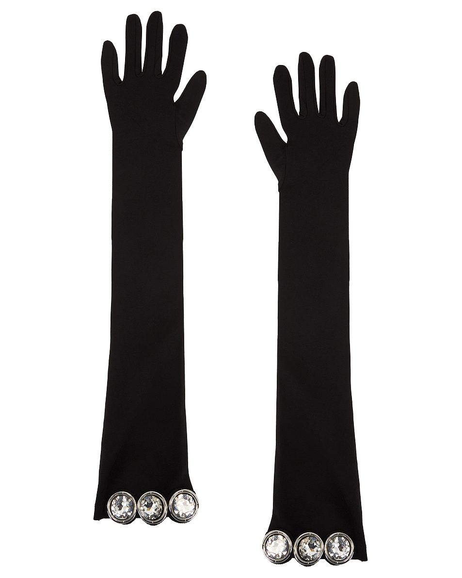 Image 1 of David Koma Crystal Stone Patch Long Gloves in Black & Silver