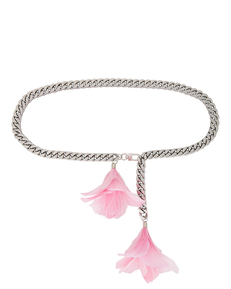 Image 1 of David Koma Feather Flower Detail Chunky Chain Belt in Pink & Silver