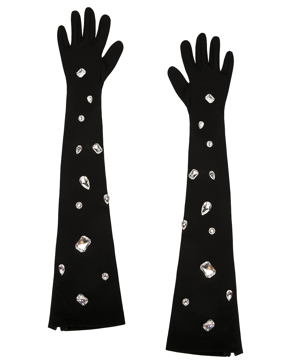 Image 1 of David Koma All Over Crystal Embroidered Long Gloves in Black & Silver
