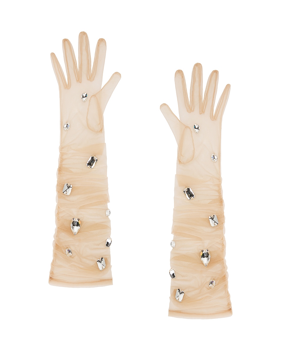 Image 1 of David Koma All Over Crystal Embroidered Gloves in Beige & Silver