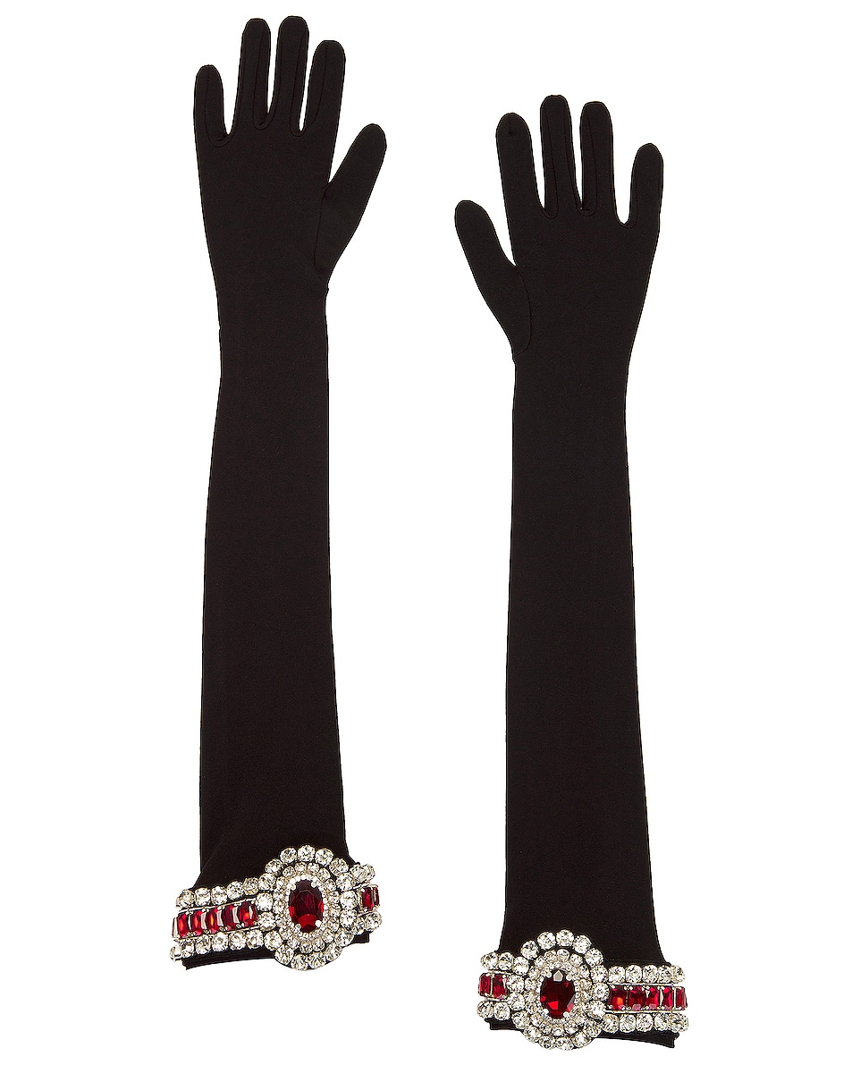 Image 1 of David Koma Crystal Long Gloves in Black, Red & Silver