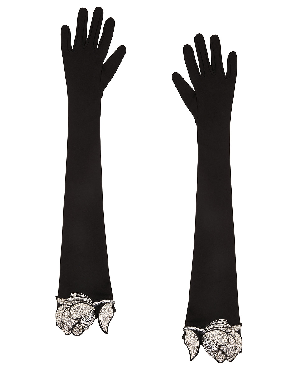 Image 1 of David Koma Crystal Rose Flower Gloves in Black & Silver