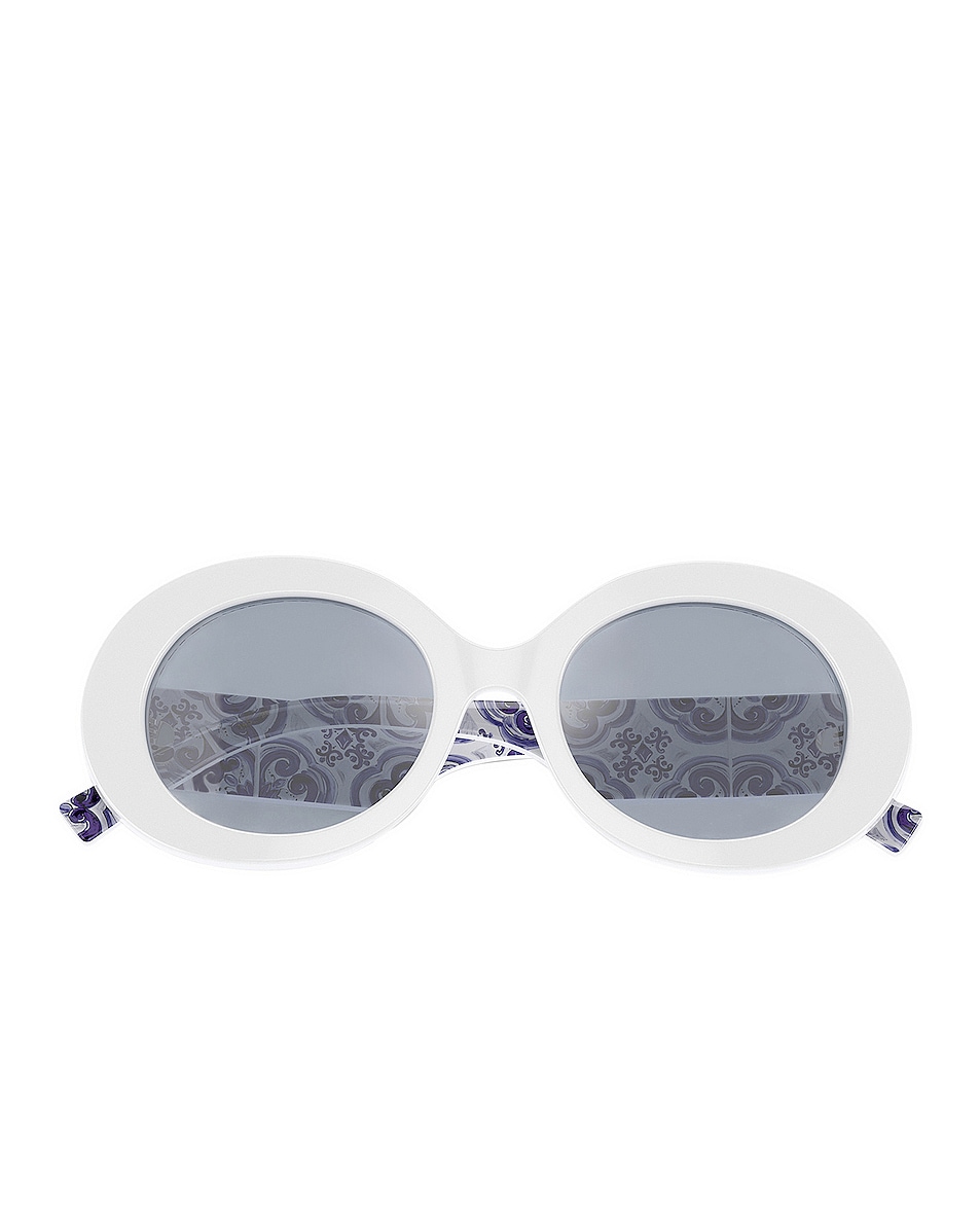 Image 1 of Dolce & Gabbana Round Sunglasses in White & Light Blue Mirror Silver