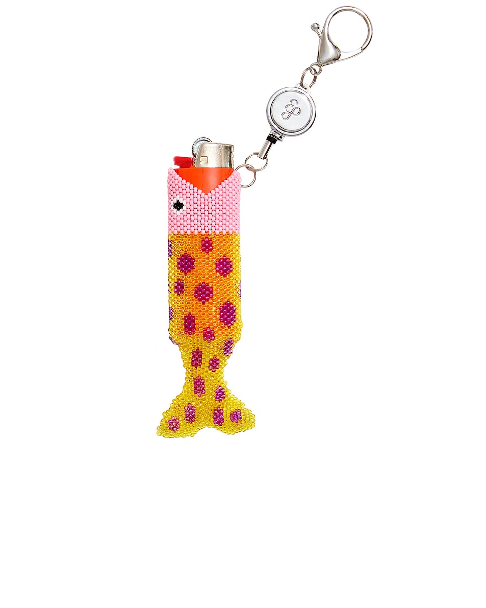 Image 1 of Edie Parker Beaded Fish Retractable Lighter Keychain in Pink