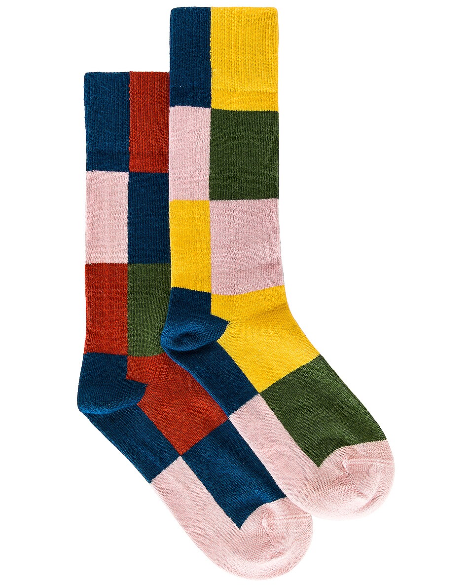 Image 1 of The Elder Statesman Toy Checker Socks in Light Pink, Green, Yellow, & Teal
