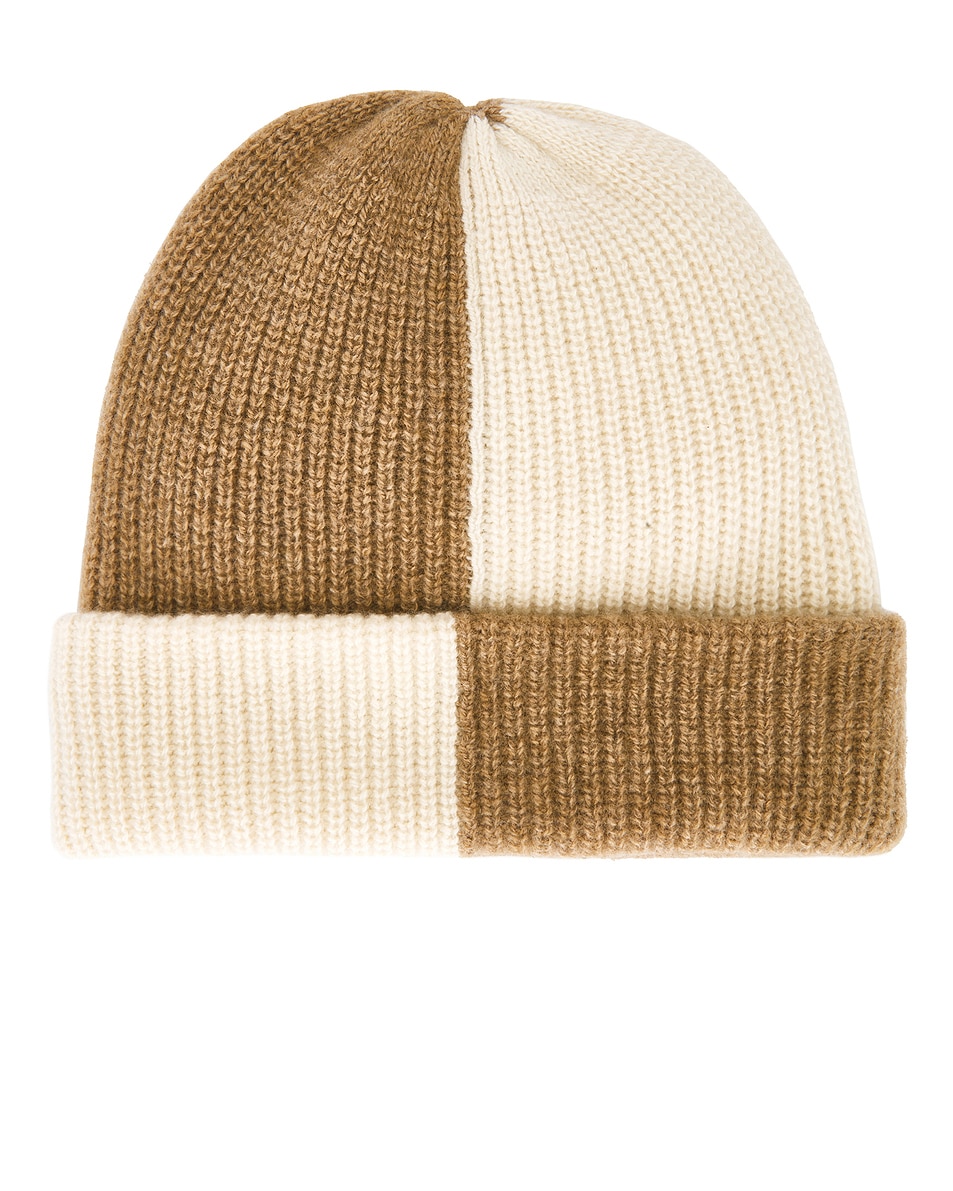 Image 1 of The Elder Statesman Checked Watchman Beanie in Camel & Ivory