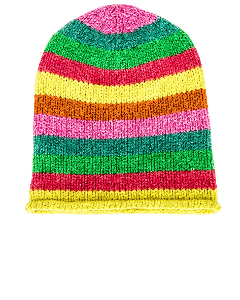 Image 1 of The Elder Statesman Stripe Lil' Lookout Cashmere Beanie in Limon, Hibiscus, Gecko, Turquoise Multi