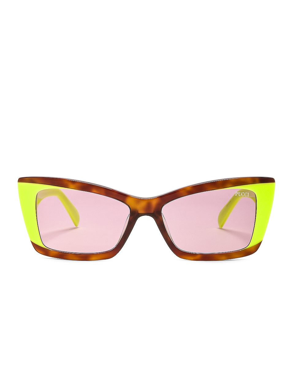 Image 1 of Emilio Pucci Cat Eye Acetate Sunglasses in Amber Havana, Acid Green, & Violet