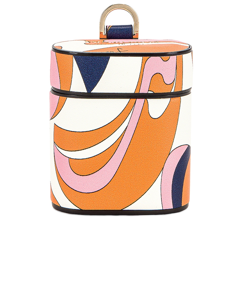 Image 1 of Emilio Pucci Leather Airpod Holder in Arancio & Navy