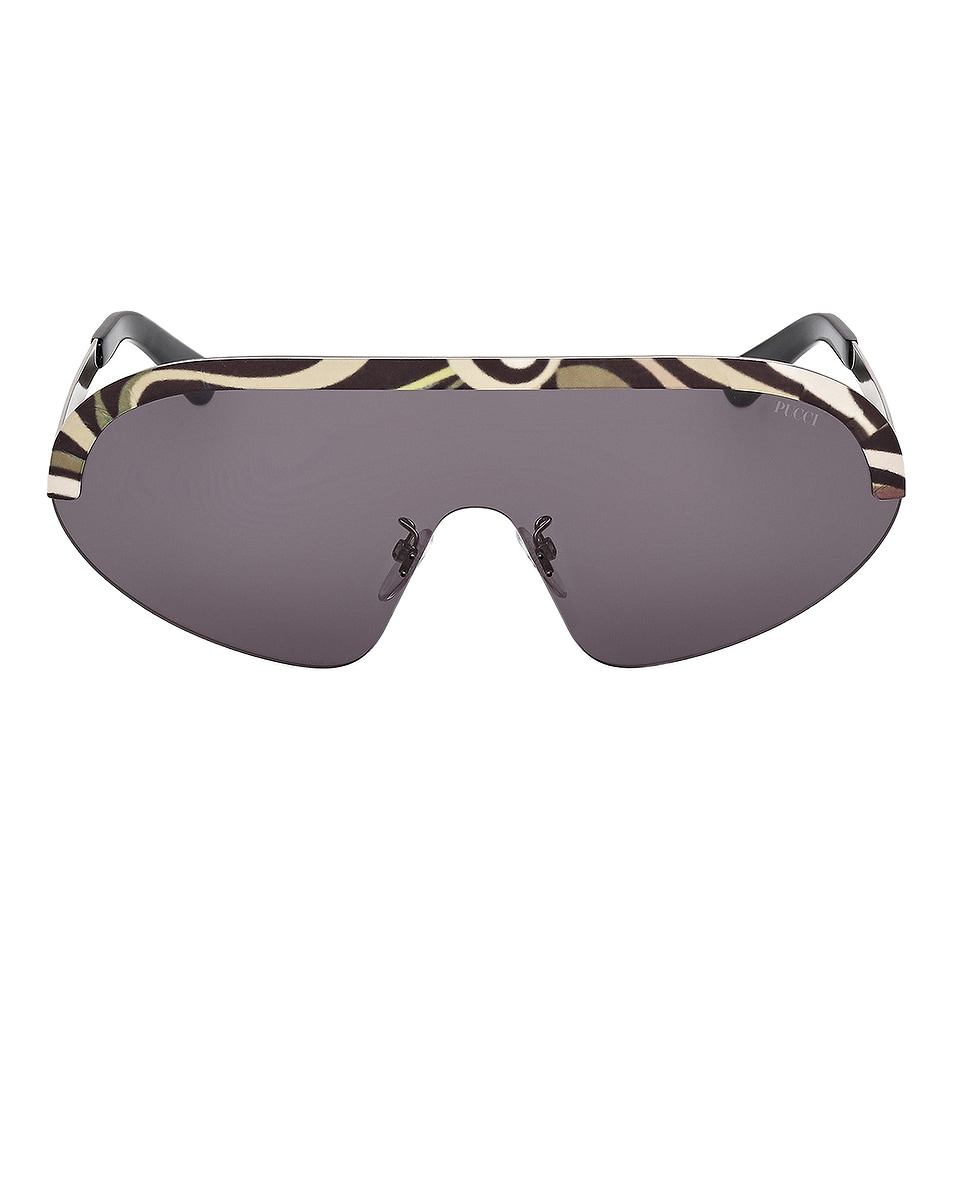 Image 1 of Emilio Pucci Shield Sunglasses in Shiny Palladium, Khaki Marmo, & Smoke