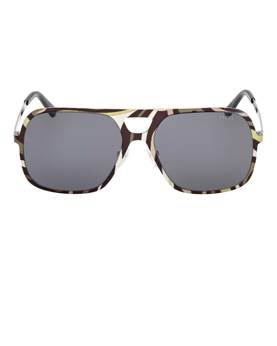 Image 1 of Emilio Pucci Navigator Sunglasses in Shiny Palladium, Khaki Marmo, & Smoke