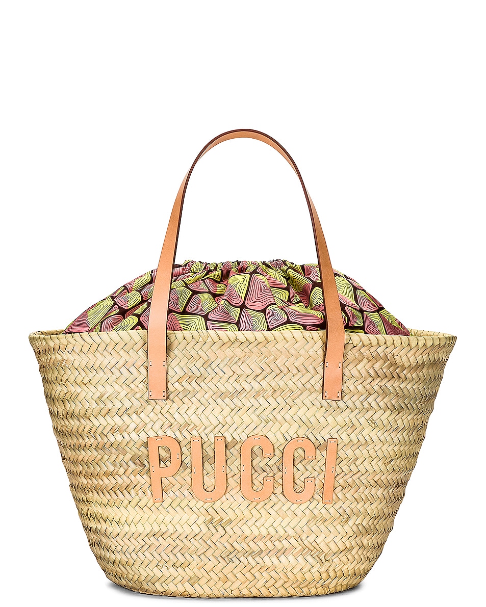 Image 1 of Emilio Pucci Tartuca Baby Straw Bucket Bag in Naturale, Rosa, & Lime
