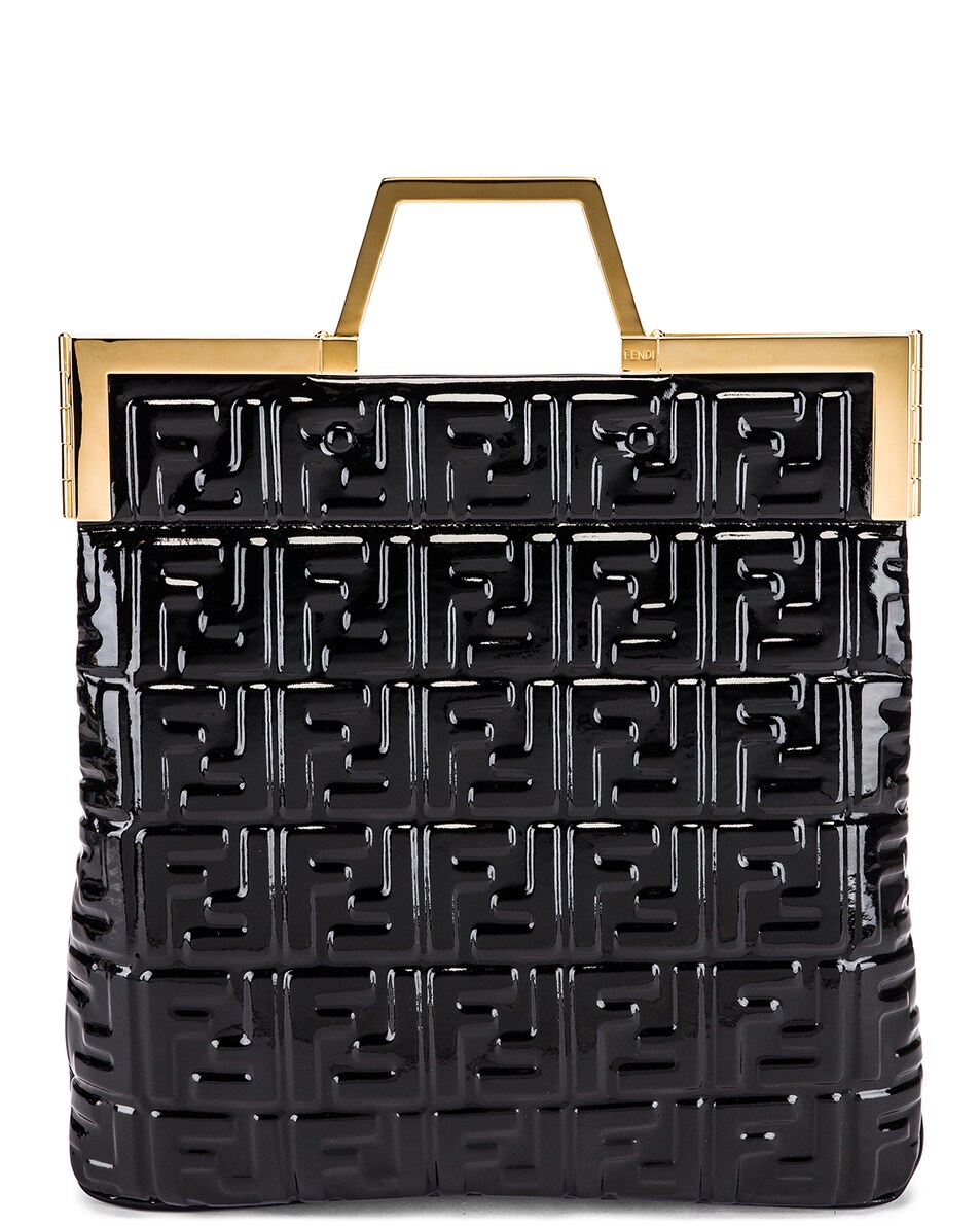 Image 1 of Fendi Regular Shopping Flap Bag in Black & Gold