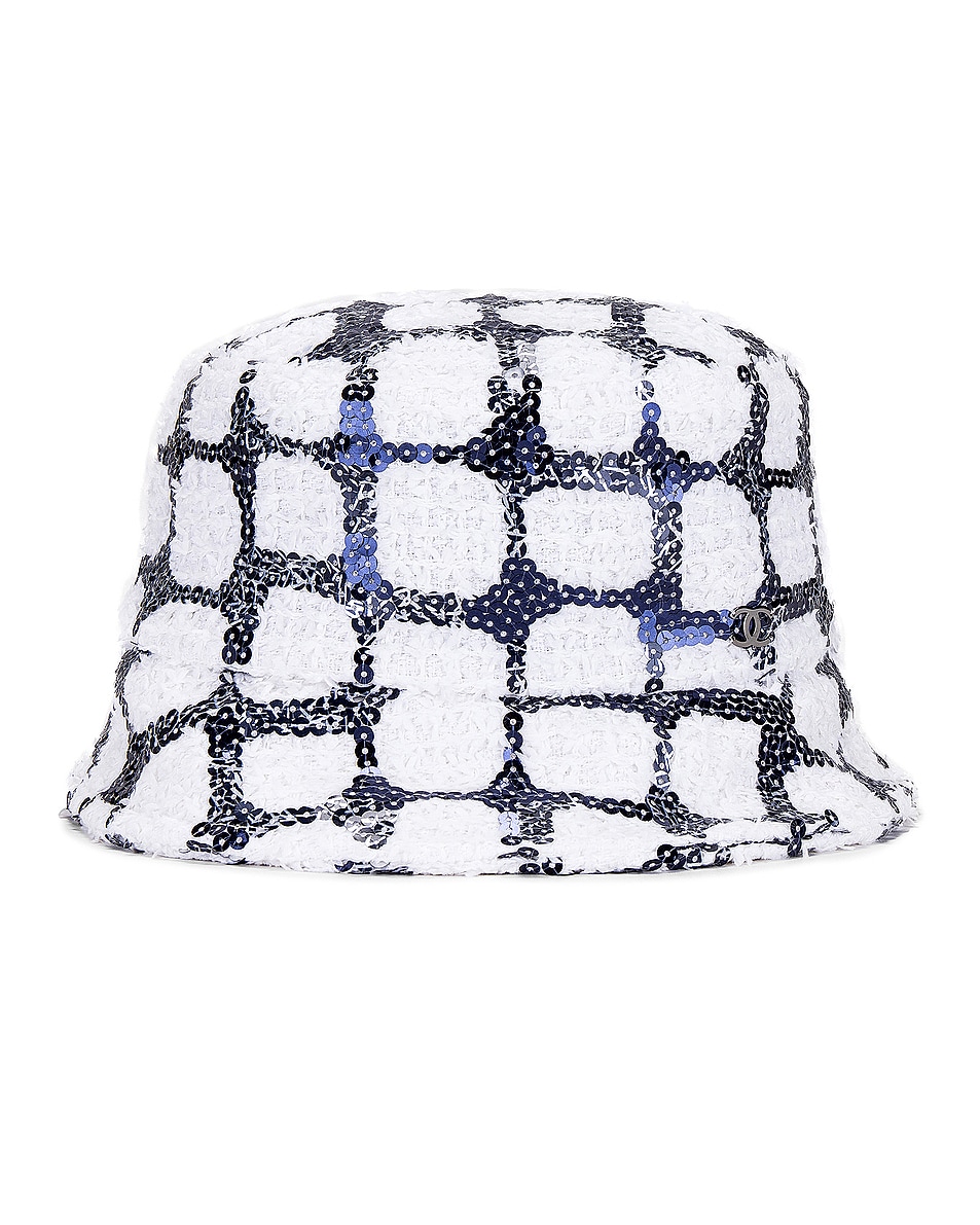 Image 1 of FWRD Renew Chanel Coco Sequined Bucket Hat in Black & White