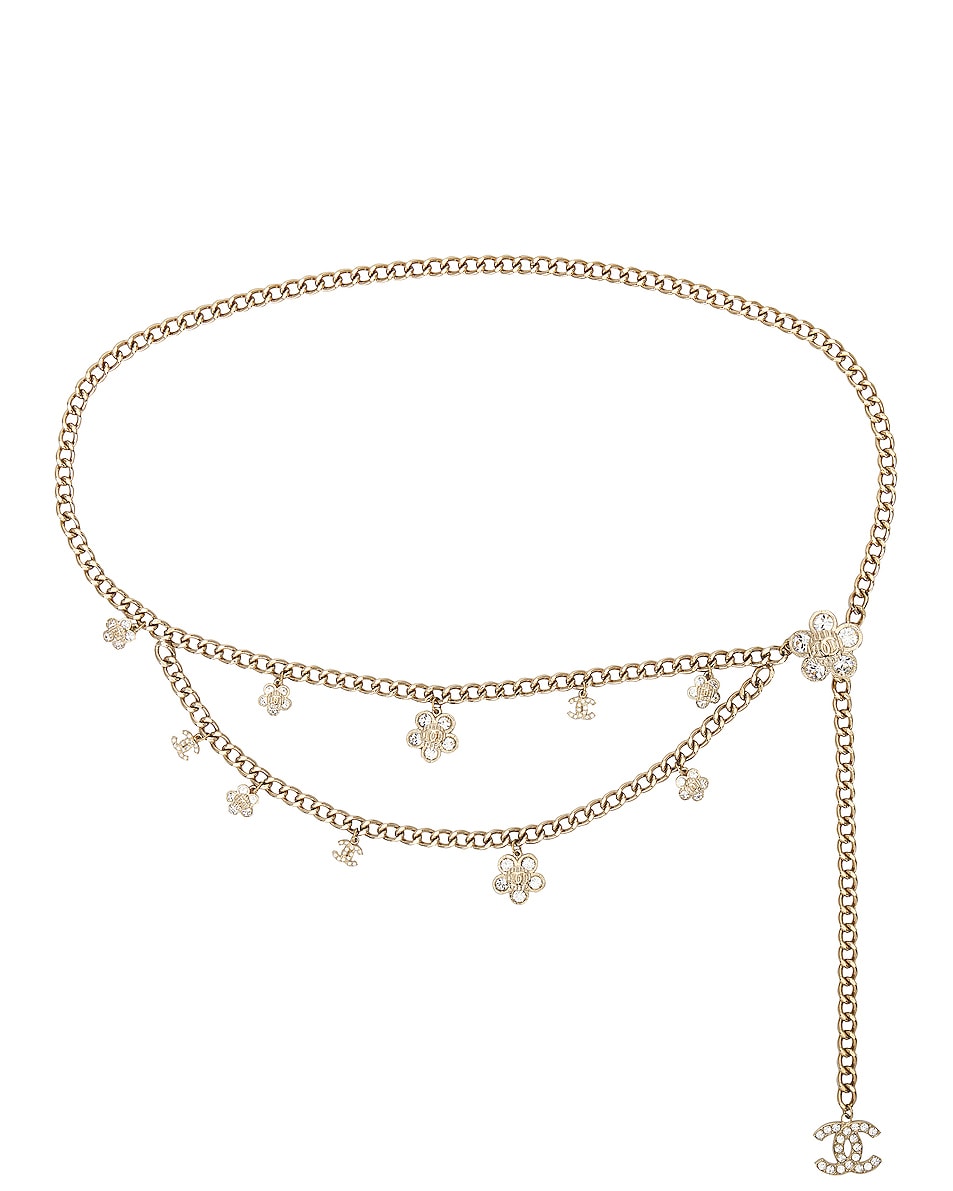 Image 1 of FWRD Renew Chanel Coco Mark Flower Rhinestone Chain Belt in Light Gold