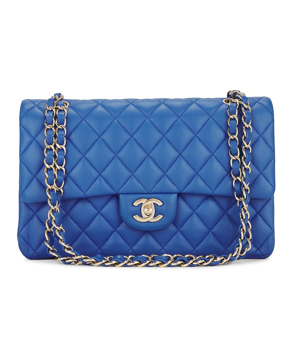 FWRD Renew Chanel Quilted Lambskin Double Flap Shoulder Bag in Blue FWRD