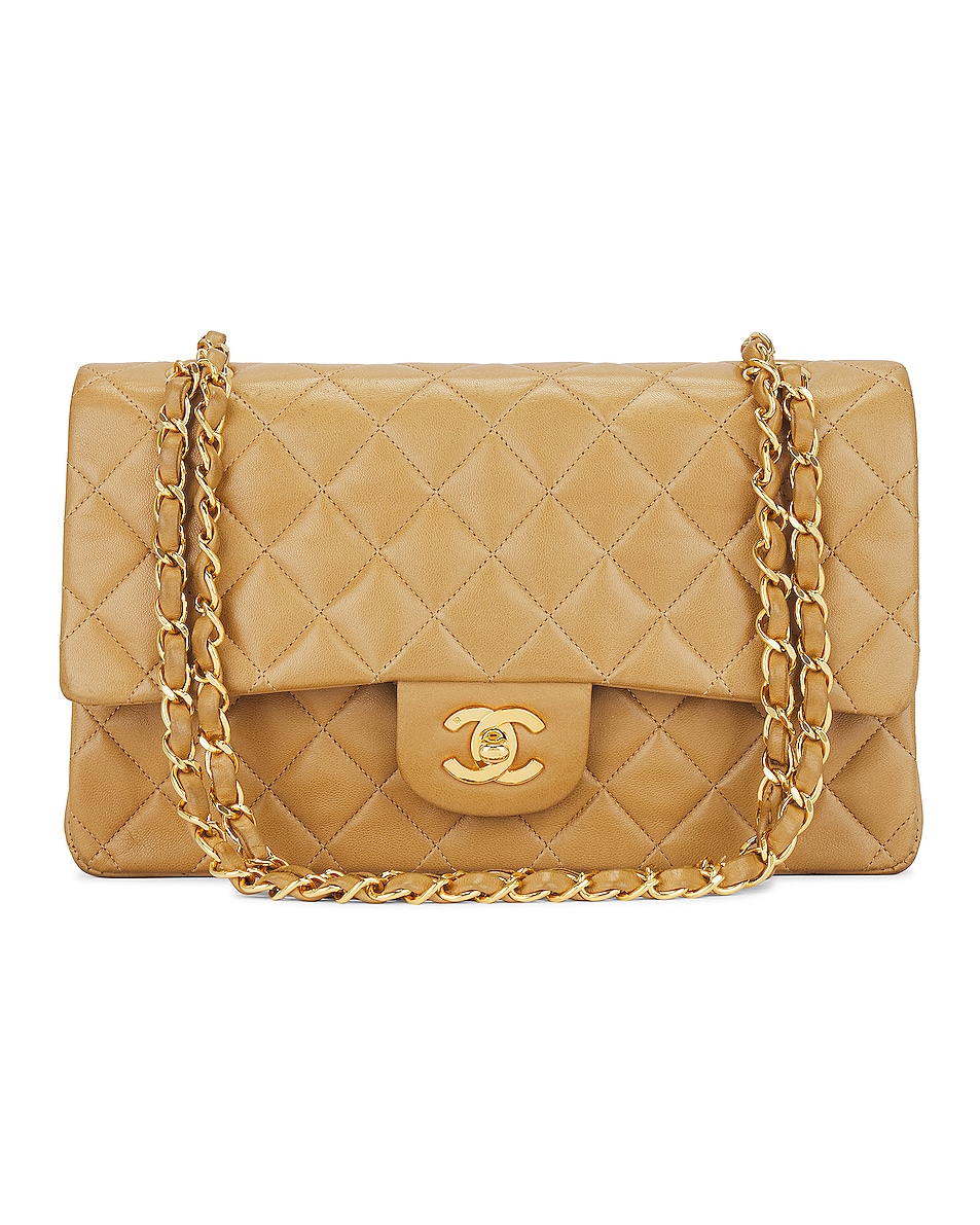 Image 1 of FWRD Renew Chanel Medium Quilted Lambskin Classic Double Flap Shoulder Bag in Beige