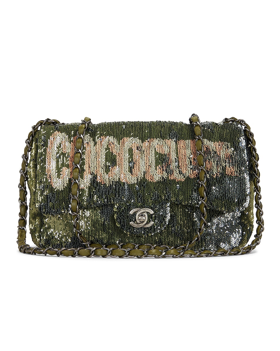 Image 1 of FWRD Renew Chanel Coco Cuba Sequin Chain Shoulder Bag in Khaki