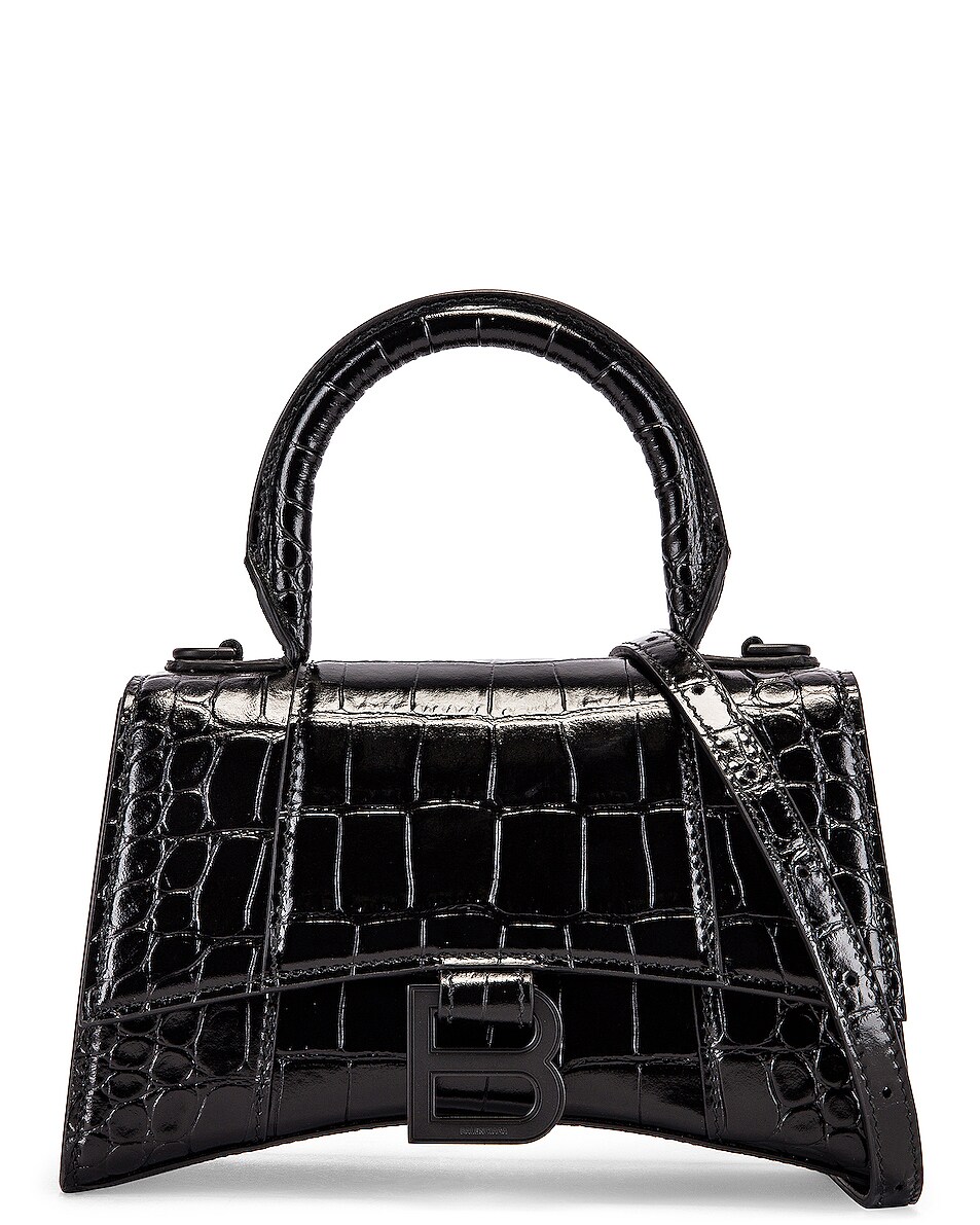 Image 1 of FWRD Renew Balenciaga XS Embossed Croc Hourglass Top Handle Bag in Black