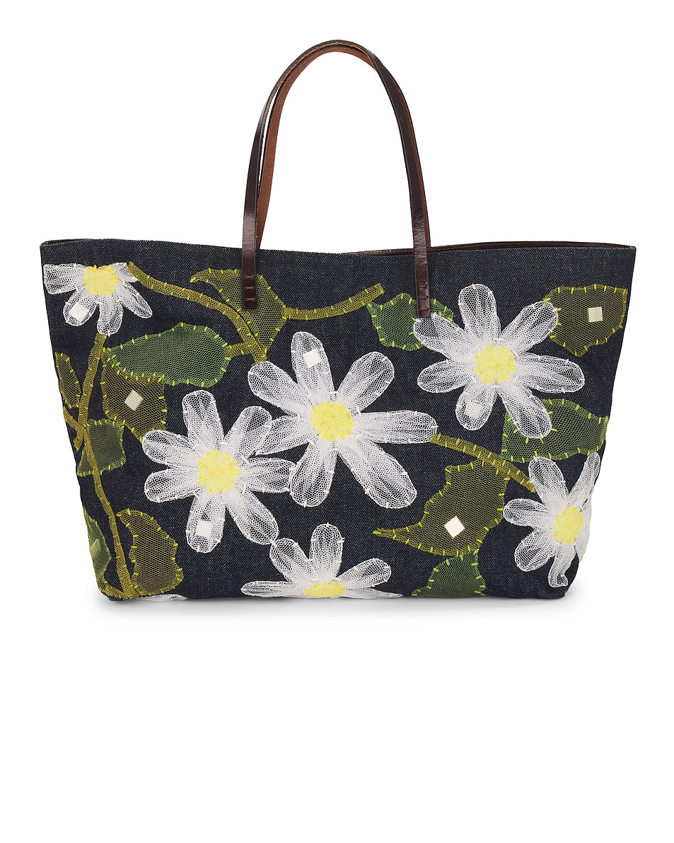 Image 1 of FWRD Renew Fendi Denim Flower Embroidered Tote Bag in Dark Blue