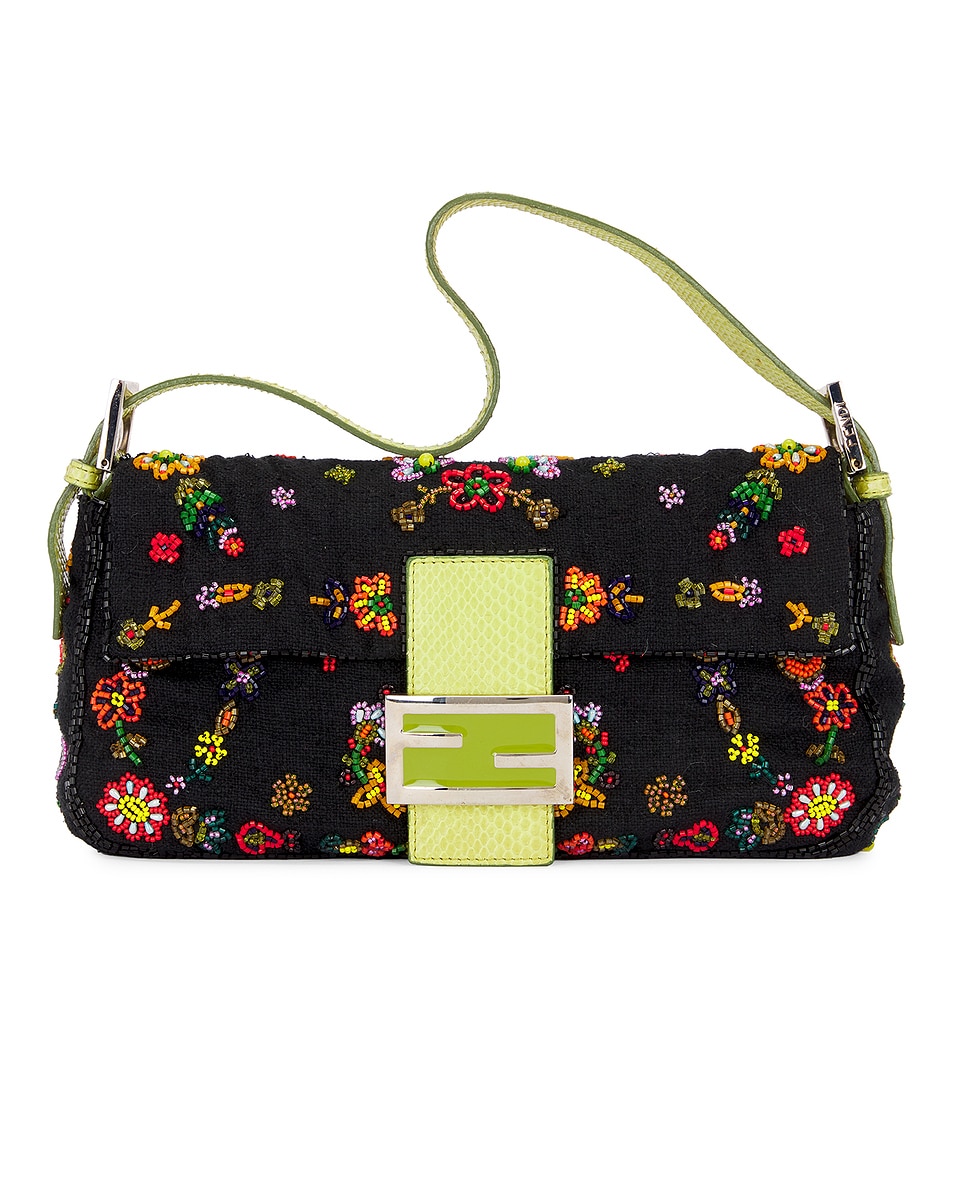 Image 1 of FWRD Renew Fendi Mama Flower Beaded Baguette Shoulder Bag in Black
