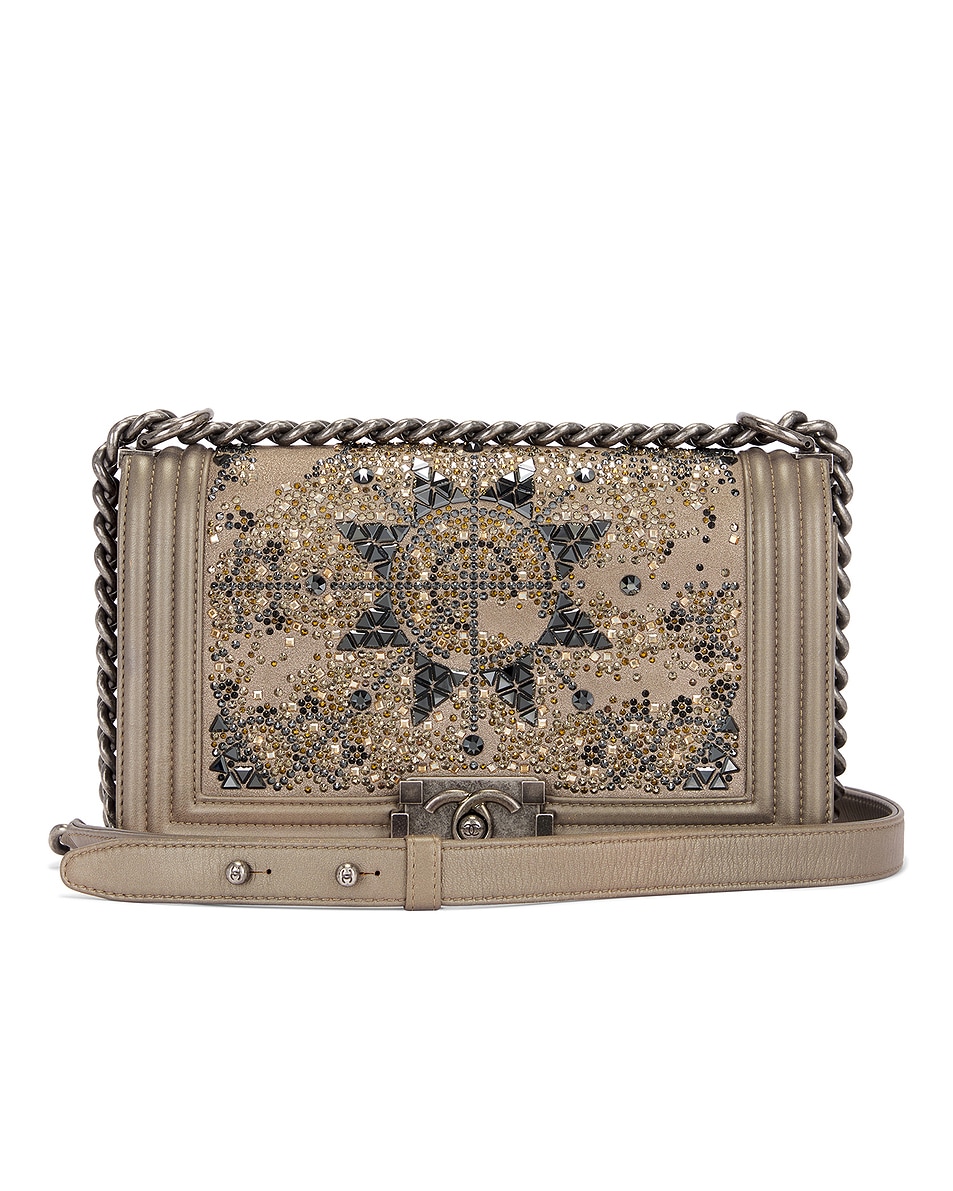 Image 1 of FWRD Renew Chanel Goatskin Crystal Embellished Calfskin Boy Bag in Grey