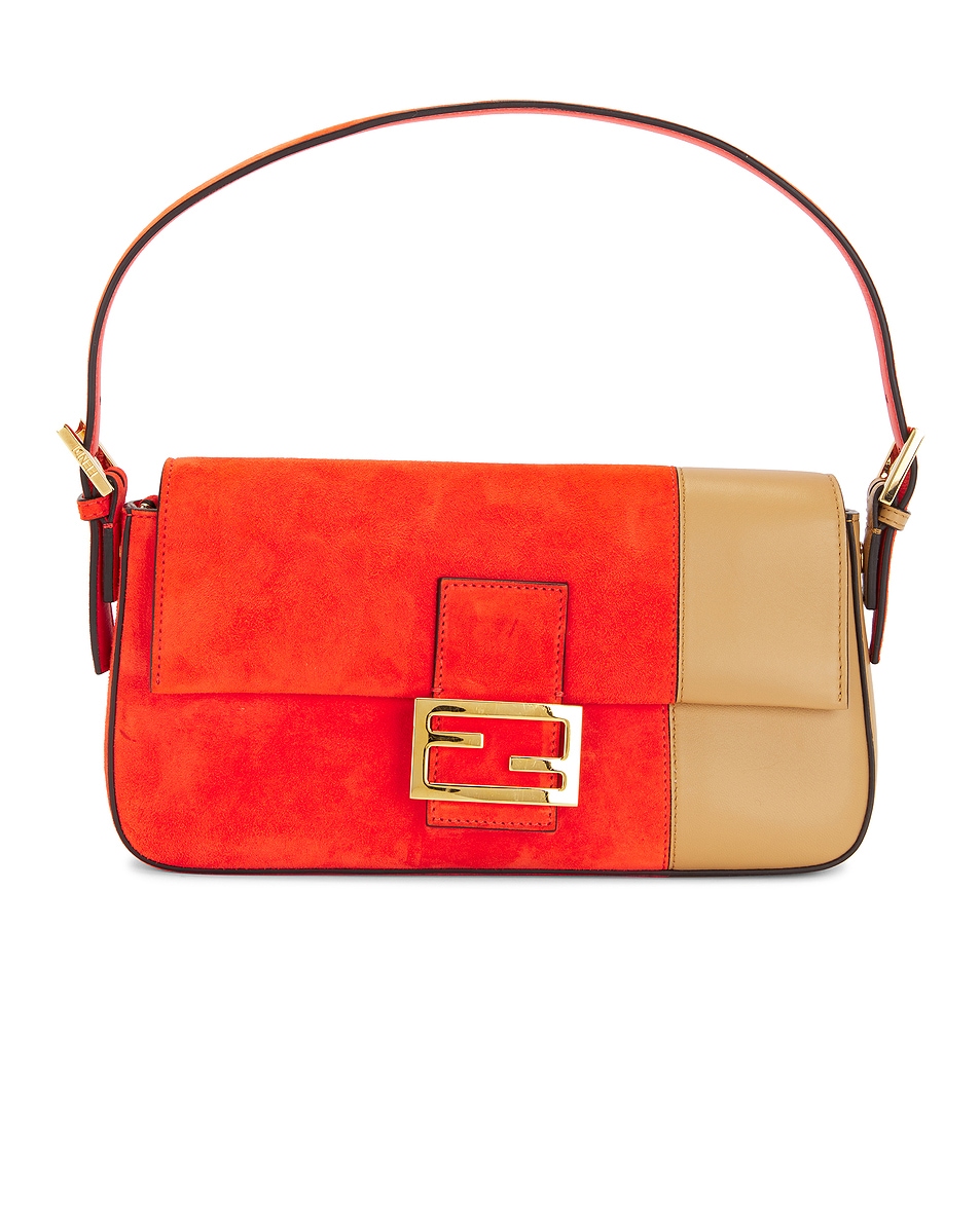 Image 1 of FWRD Renew Fendi Baguette Suede & Leather Shoulder Bag in Orange & Beige