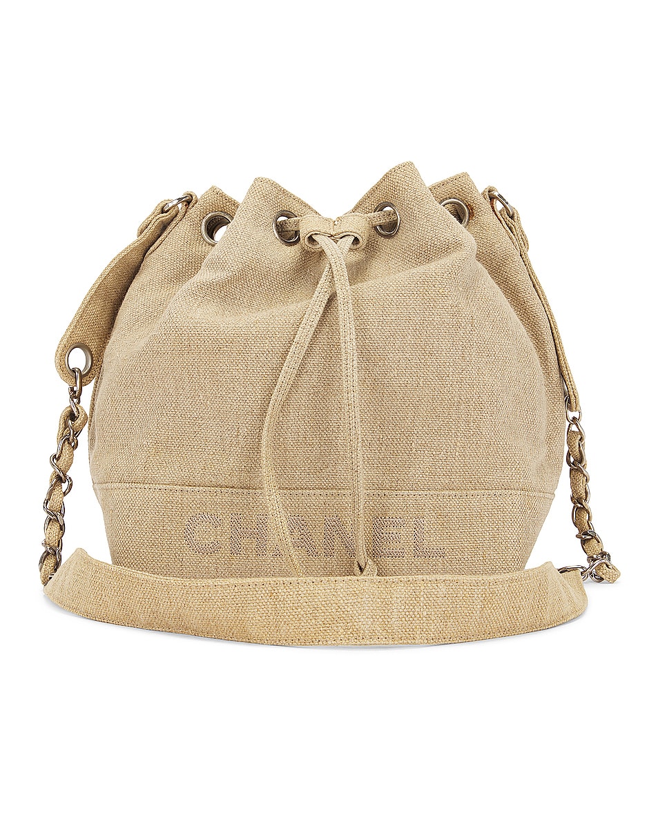 Image 1 of FWRD Renew Chanel Logo Drawstring Bucket Bag in Beige