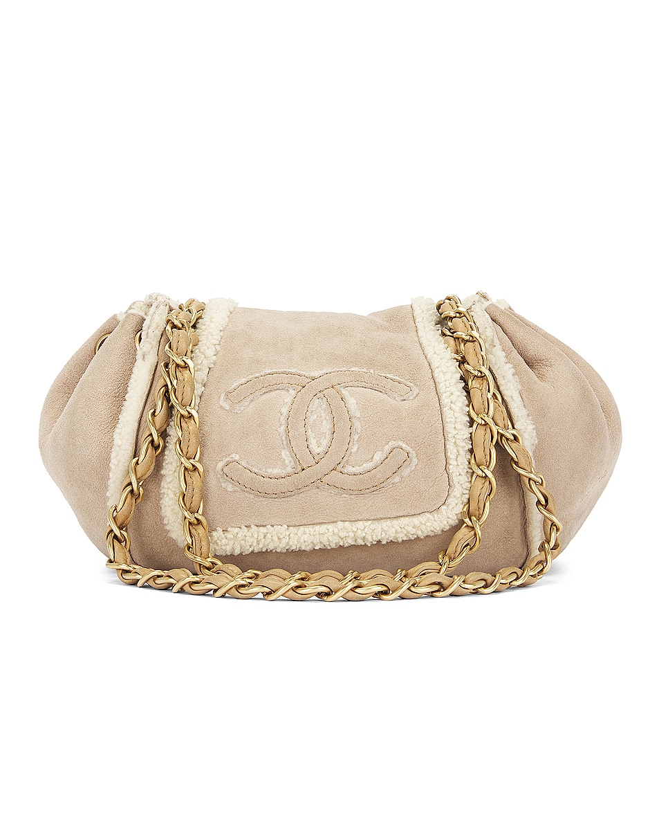 Image 1 of FWRD Renew Chanel CC Turnlock Suede Shearling Flap Shoulder Bag in Beige