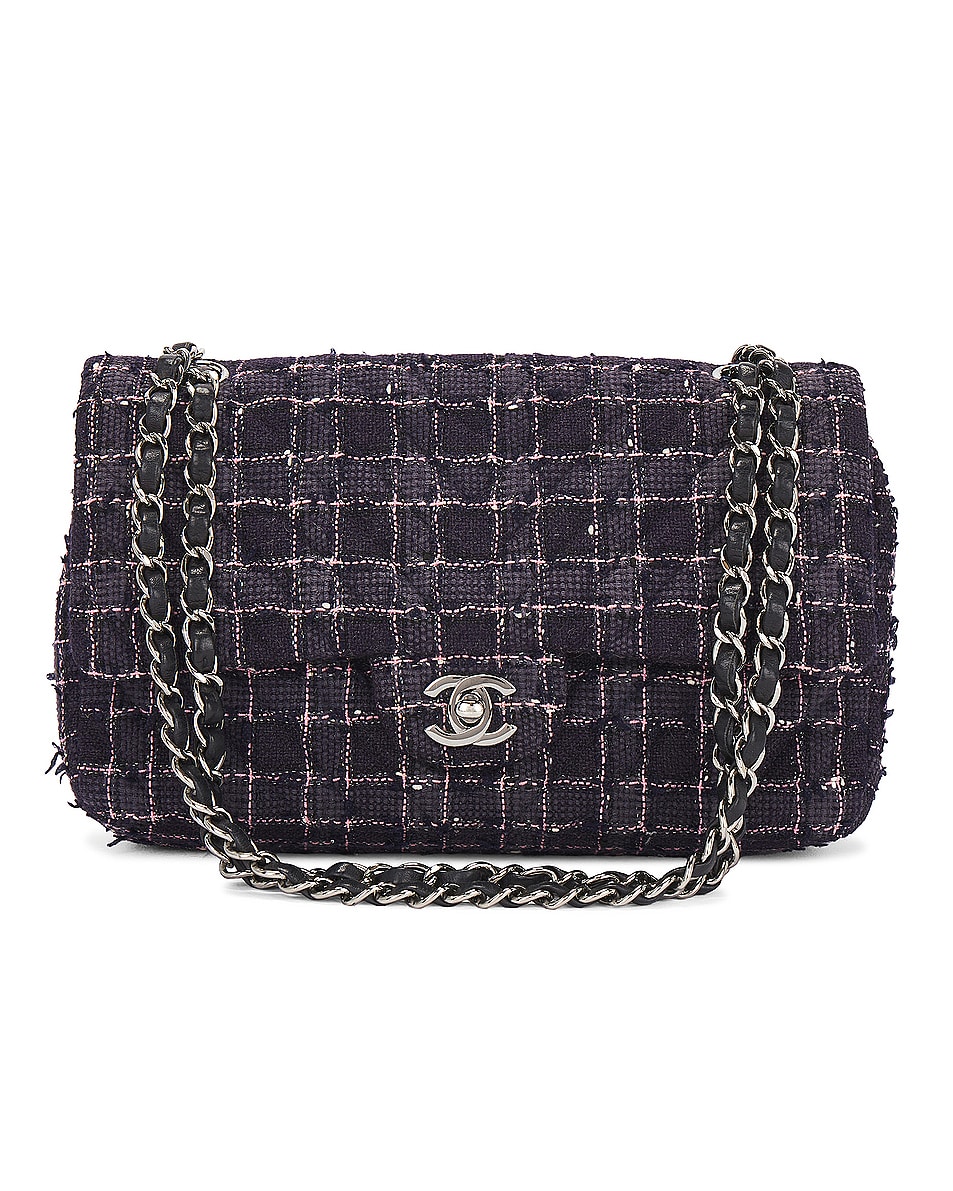 Image 1 of FWRD Renew Chanel Quilted Tweed Chain Double Flap Shoulder Bag in Navy