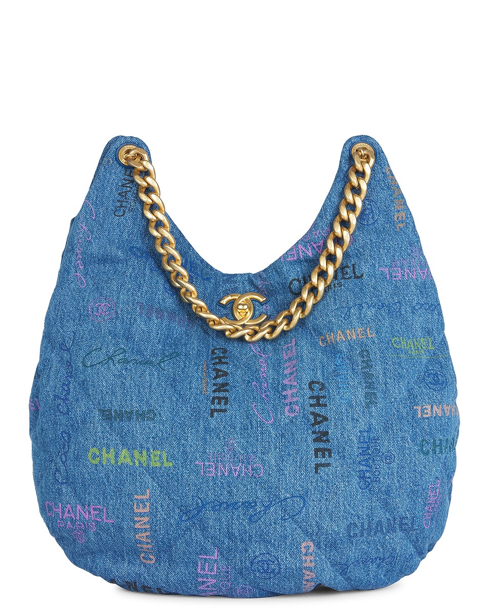 Image 1 of FWRD Renew Chanel Quilted Printed Denim Hobo Bag in Blue